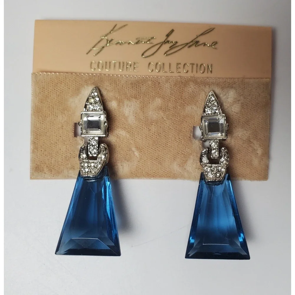 Kenneth Jay Lane Couture Collection Earrings Drop Deco Clip On Blue Hollywood - Picture 2 of 6